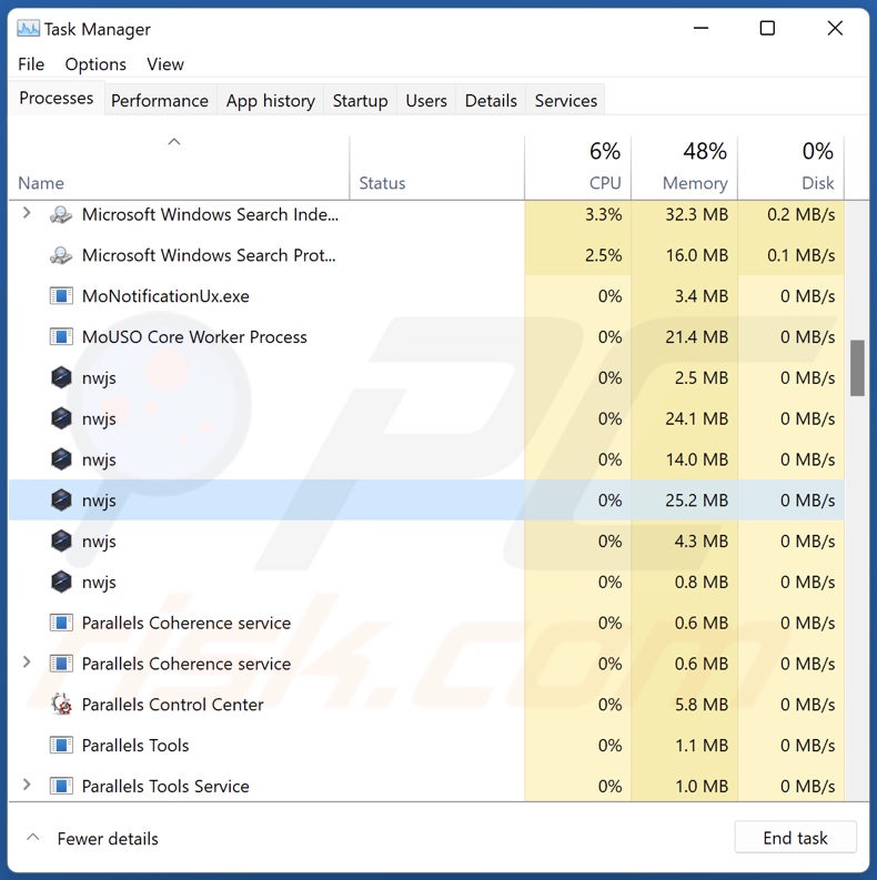 Proceso del adware OpenSubtitles Uploader en el Administrador de Tareas (nwjs - nombre del proceso)