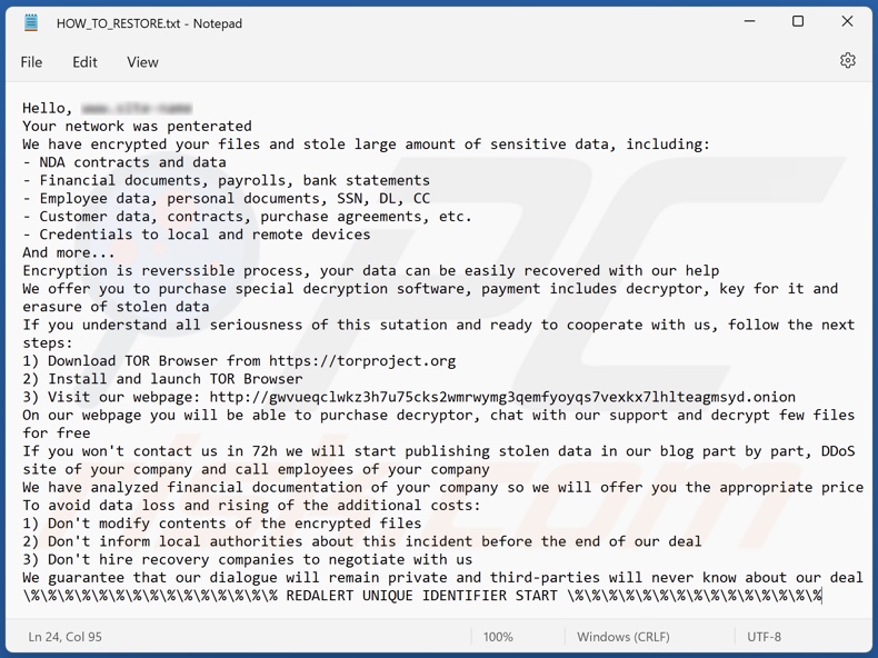 Mensaje de petición de rescate del ransomware RedAlert (N13V) (HOW_TO_RESTORE.txt)