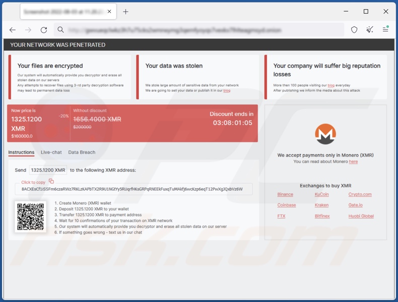 Sitio web del ransomware RedAlert (N13V) para el pago de rescates