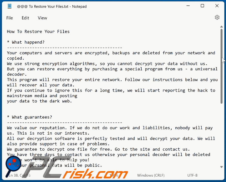 Mensaje del ransomware Rever exigiendo un rescate (@@@ To Restore Your Files.txt) GIF