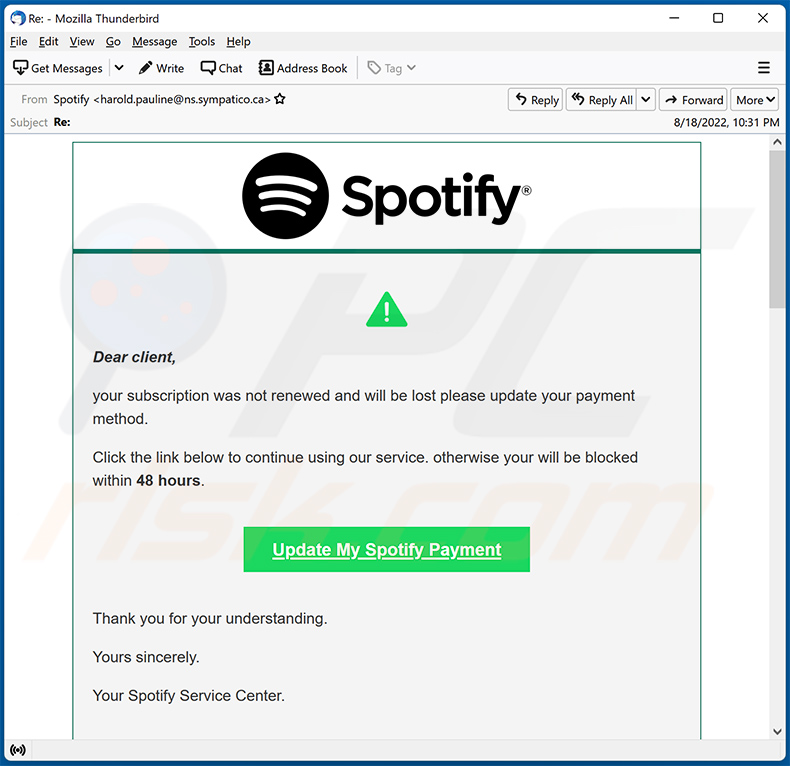 Correo electrónico de spam con temática de Spotify utilizado para promocionar un sitio web fraudulento (2022-08-19)