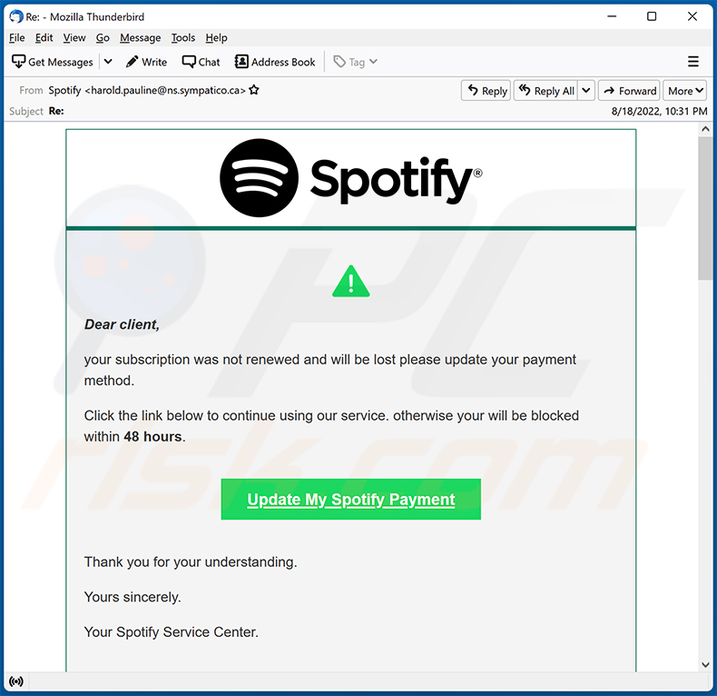 Correo electrónico de spam con temática de Spotify utilizado para promocionar un sitio web fraudulento (2022-08-19)