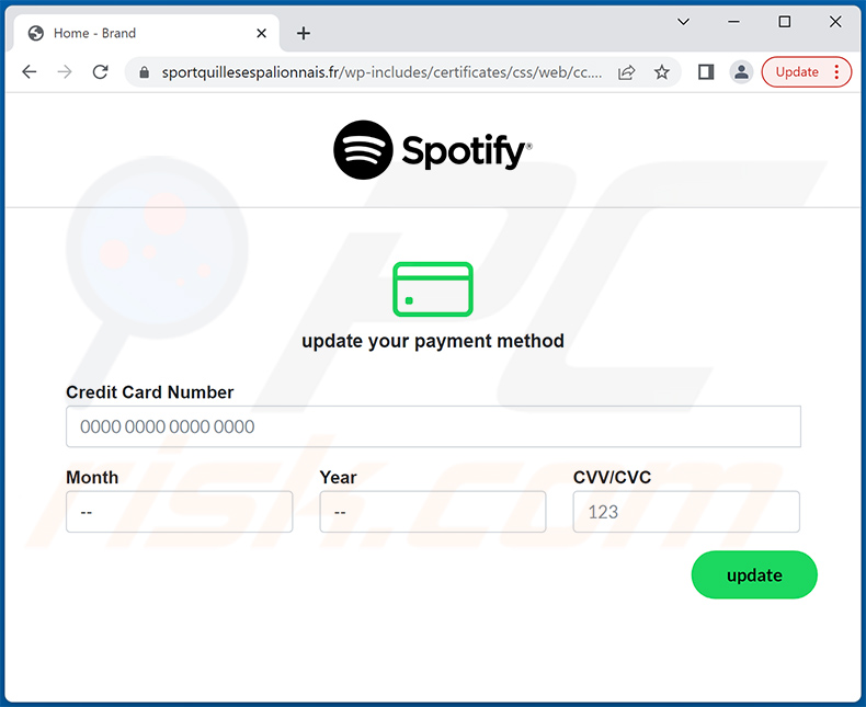 Sitio de phishing - sportquillesespalionnais.fr - promovido a través de un correo electrónico de spam con temática de Spotify (2022-08-19)