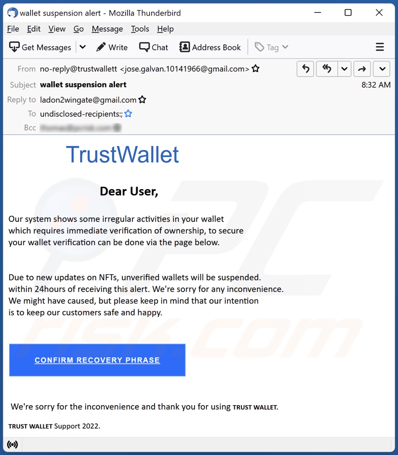 Campaña de spam por correo electrónico de TrustWallet