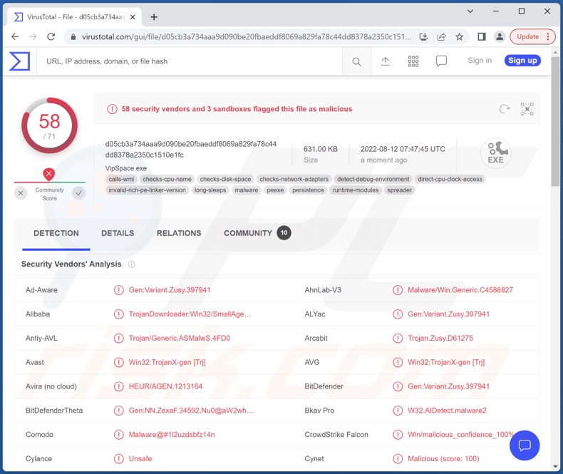 Detecciones del malware VIPSpace en VirusTotal