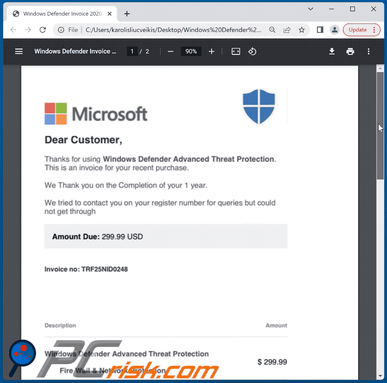 Documento PDF fraudulento distribuido mediante correos electrónicos de spam con temática de suscripción de Windows Defender
