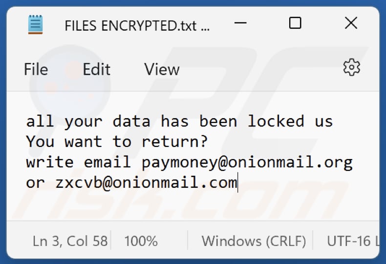 Archivo de texto del ransomware Zxcvb (FILES ENCRYPTED.txt)