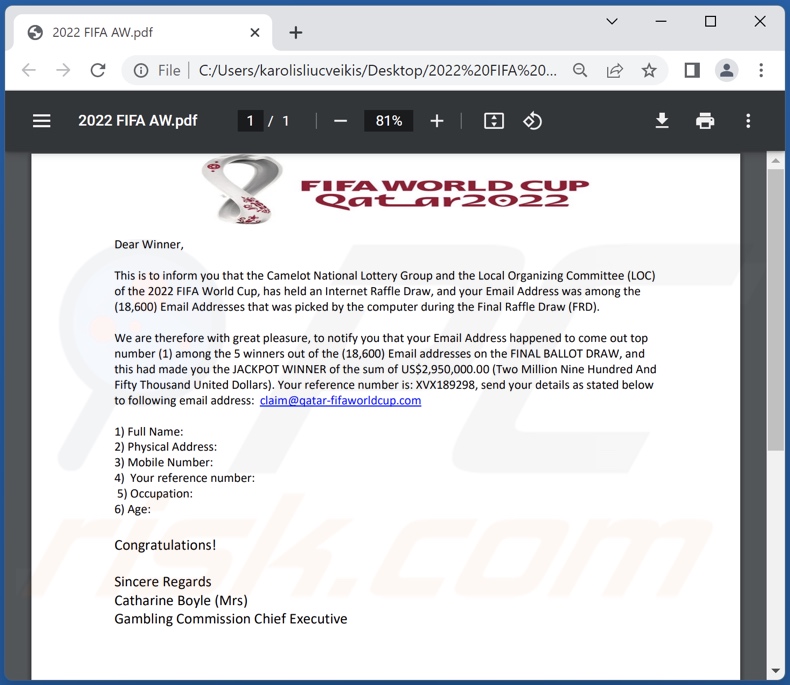 Adjunto de correo electrónico fraudulento 2022 FIFA Lottery Award (2022 FIFA AQ.pdf)