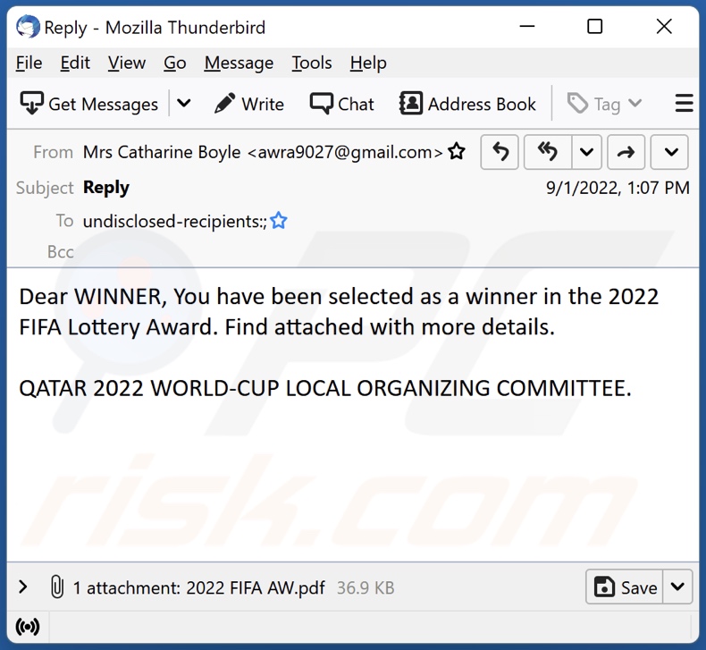 Campaña de spam por correo electrónico del 2022 FIFA Lottery Award