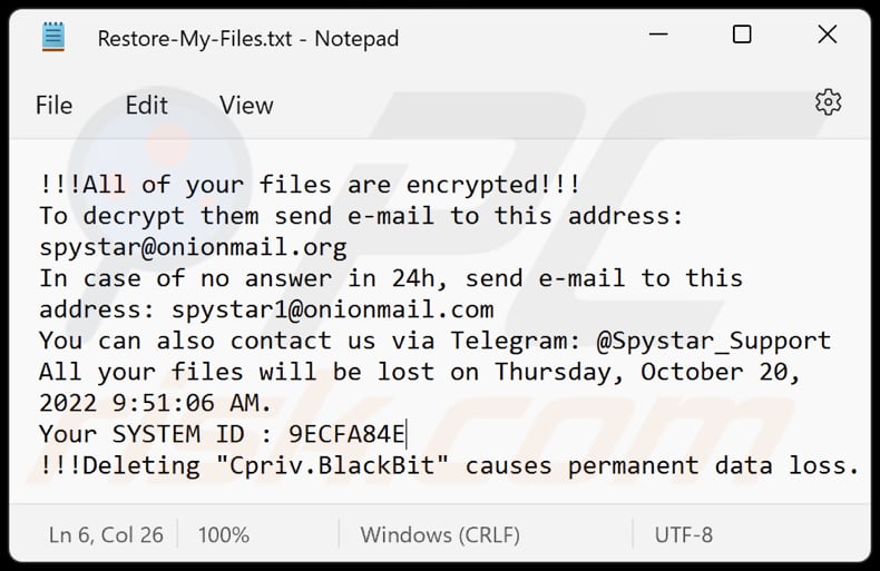 Archivo .txt del ransomware blackbit (Restore-My-Files.txt)