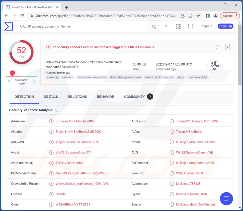 Detecciones del malware Bobik en VirusTotal