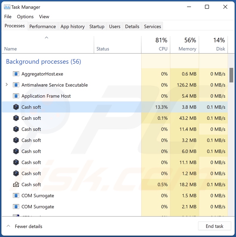 Proceso del adware Cash en el Administrador de Tareas (nombre del proceso Cash soft)
