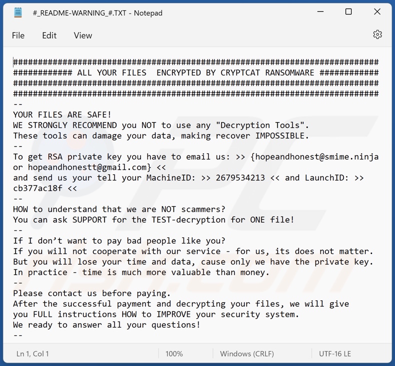 CRYPTCAT ransomware mensaje de petición de rescate (#_README-WARNING_#.TXT)