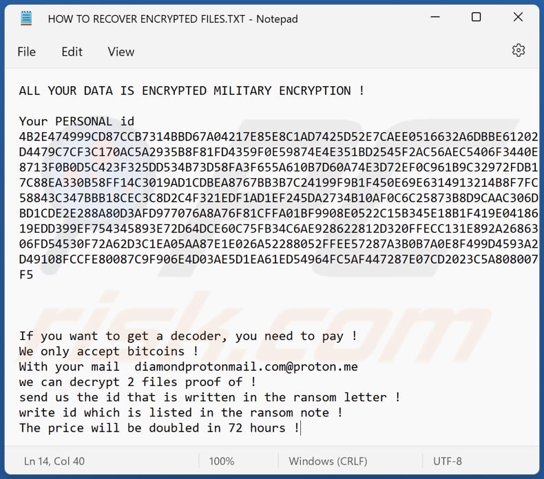 Archivo de texto del ransomware Diamond (HOW TO RECOVER ENCRYPTED FILES.TXT)