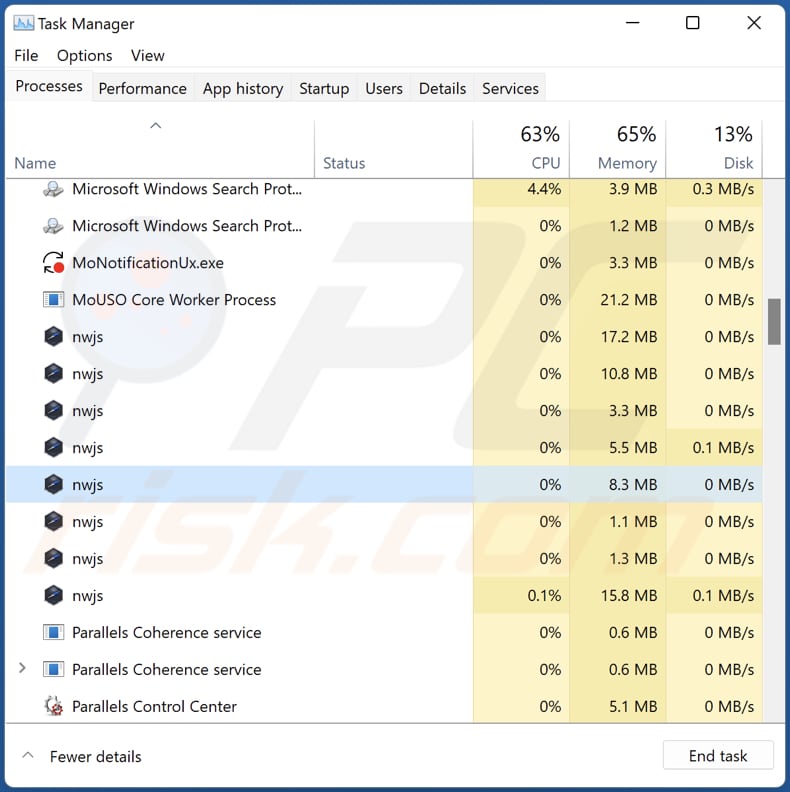 Proceso del adware Gallery en el Administrador de Tareas de Windows