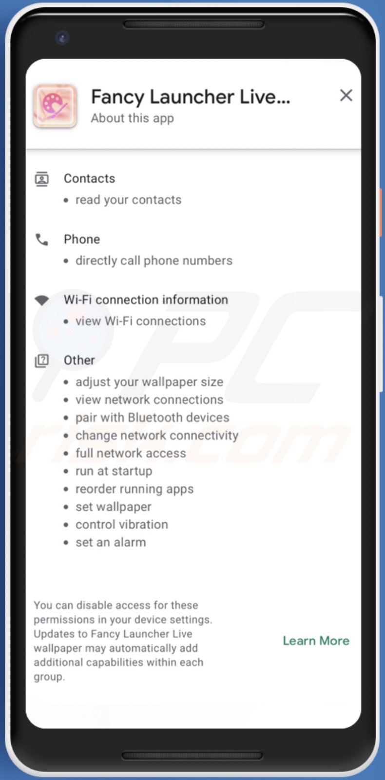 Permisos solicitados por el malware Harly (Fancy Launcher Live wallpaper - disfraz)