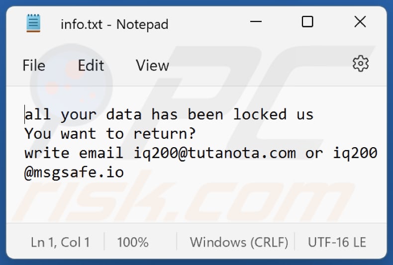 Archivo txt del ransomware Iq20 (info.txt)