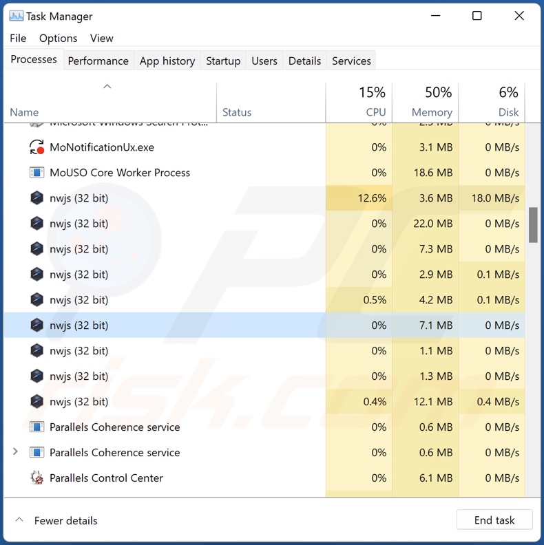 Proceso del adware Mobile en el Administrador de Tareas (nwjs - nombre del proceso)