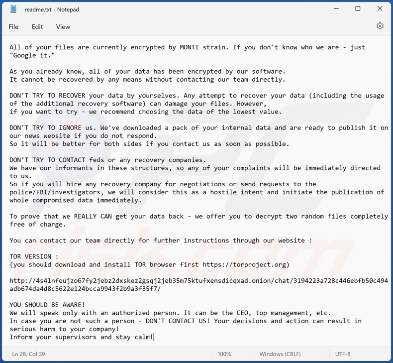 Mensaje de petición de rescate del ransomware MONTI (readme.txt)