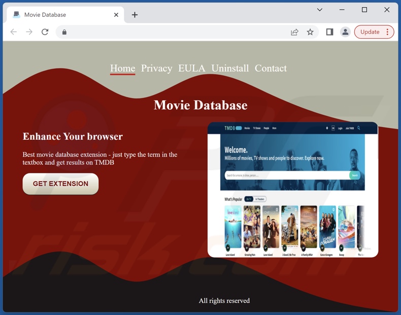 Sitio web que promociona el adware Movie Database