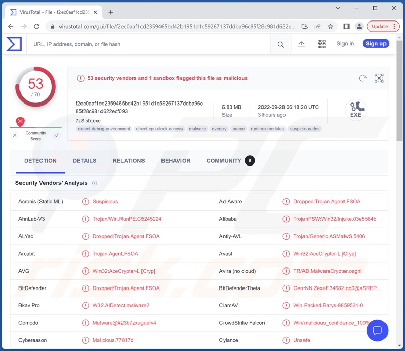 Detecciones del malware NullMixer en VirusTotal