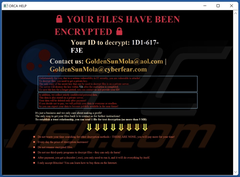 ORCA ransomware nota de rescate (HOW_TO_RECOVER_DATA.hta)