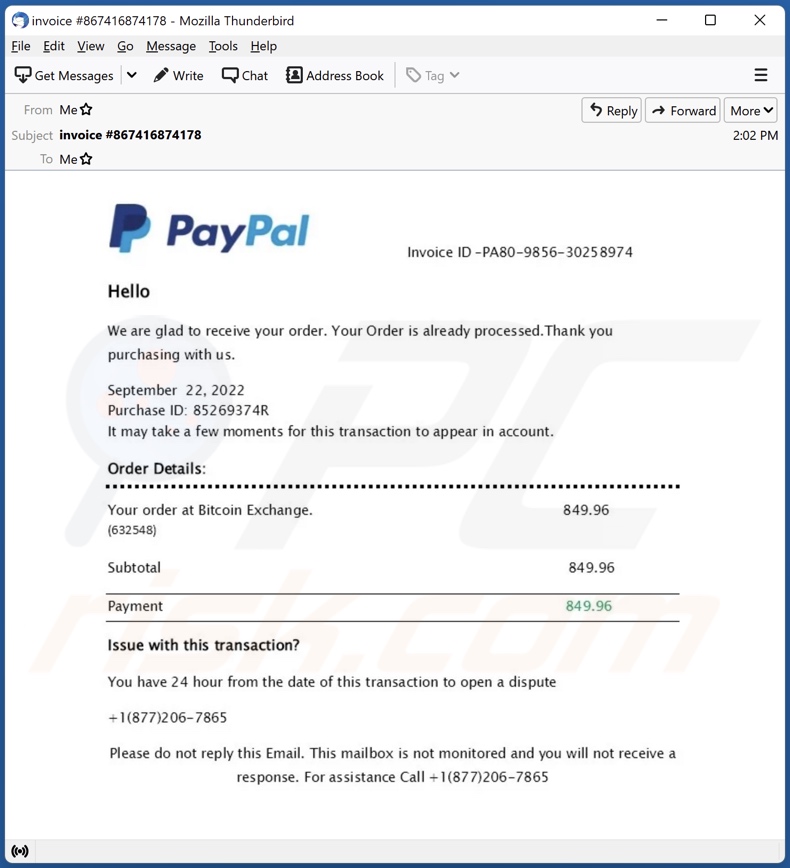Campaña de spam por correo electrónico de PayPal: Your Order Is Already Processed (Su pedido ya se ha procesado)