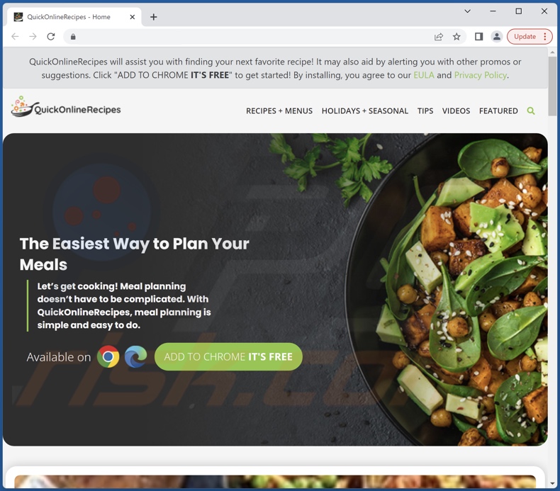 Sitio web que promueve el adware Quick Online Recipes
