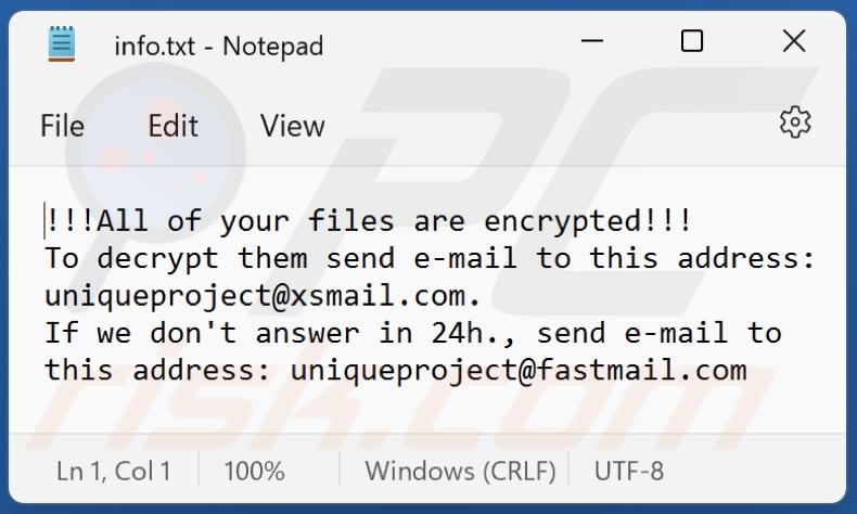 Archivo txt de la nota de rescate del ransomware de Unique (info.txt)
