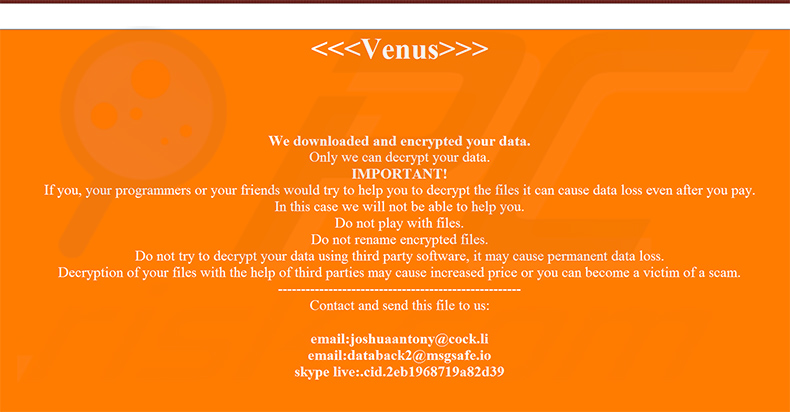 Ventana emergente del ransomware Venus