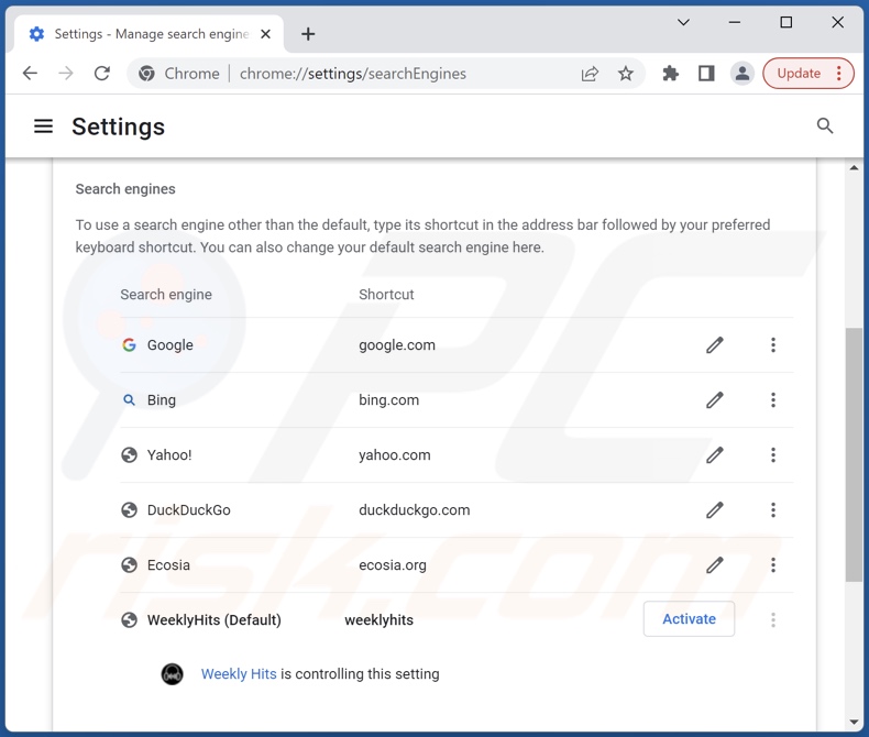 Eliminar weeklyhits.xyz del motor de búsqueda predeterminado de Google Chrome