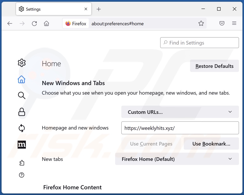 Eliminar weeklyhits.xyz de la página de inicio de Mozilla Firefox
