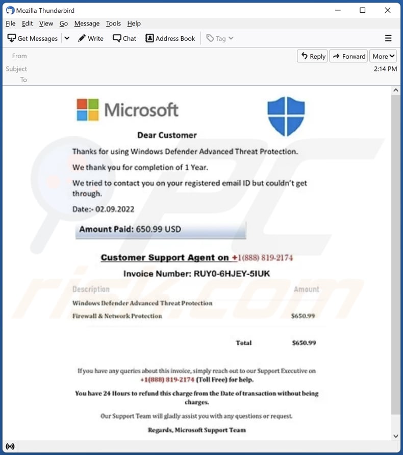 Estafa por correo electrónico de Windows Defender Advanced Threat Protection