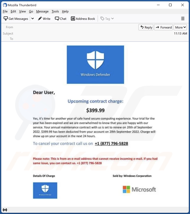 Campaña de spam por correo electrónico de Windows Defender