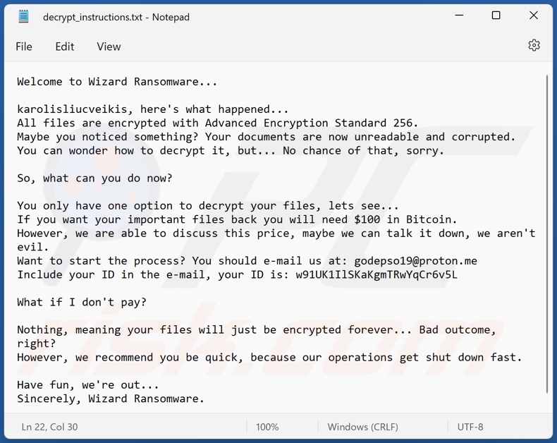 Nota de rescate del ransomware Wizard (decrypt_instructions.txt)