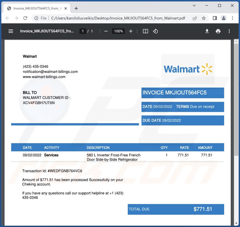 El archivo adjunto del correo electrónico fraudulento 