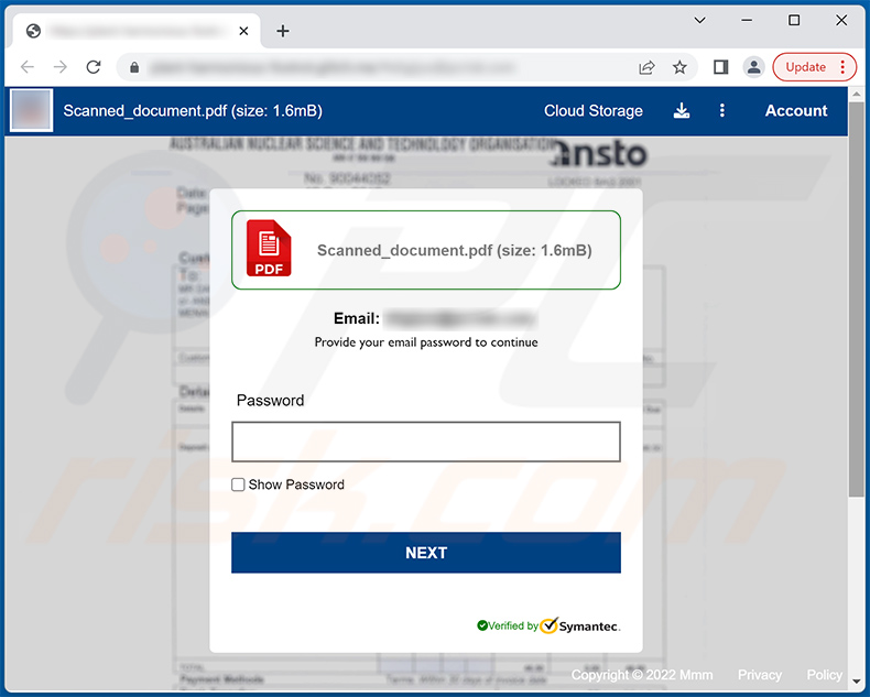 Sitio de phishing promocionado a través del correo electrónico spam A File Was Shared With You (2022-10-12)