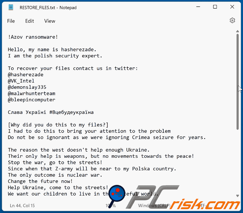 Nota de rescate del ransomware Azov (RESTORE_FILES.txt)