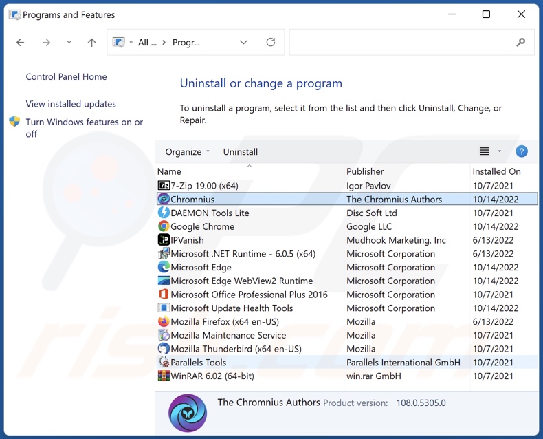 Desinstalación de Chromnius a través del Panel de Control