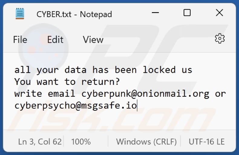 Archivo txt del ransomware de Cyberpunk (CYBER.txt)
