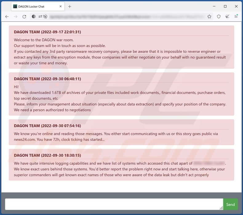 Sitio web Tor del ransomware DAGON LOCKER