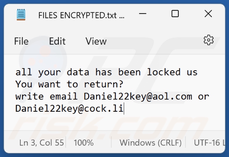 Archivo de texto del ransomware Dkey (FILES ENCRYPTED.txt)
