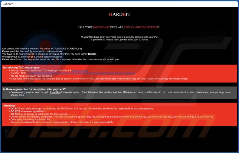 Nota de rescate del ransomware HARDBIT (ventana emergente)