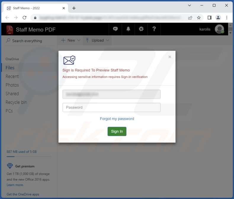 Sitio de phishing promocionado mediante estafa por correo electrónico de hr human resources