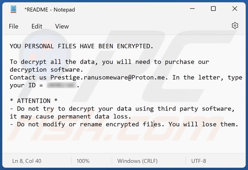 Nota de rescate del ransomware Prestige (archivo README)