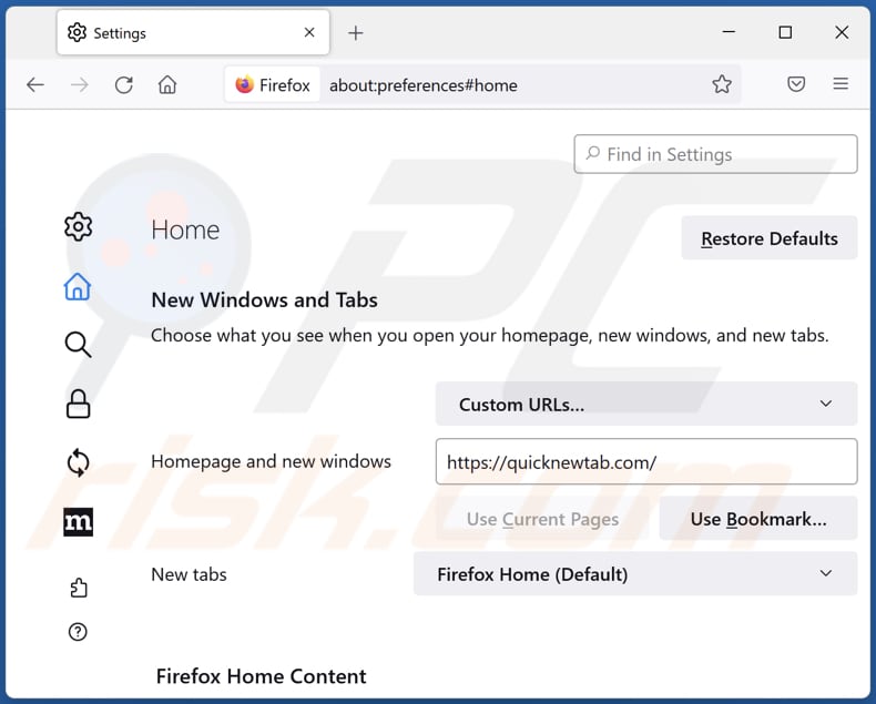 Eliminar quicknewtab.com de la página de inicio de Mozilla Firefox