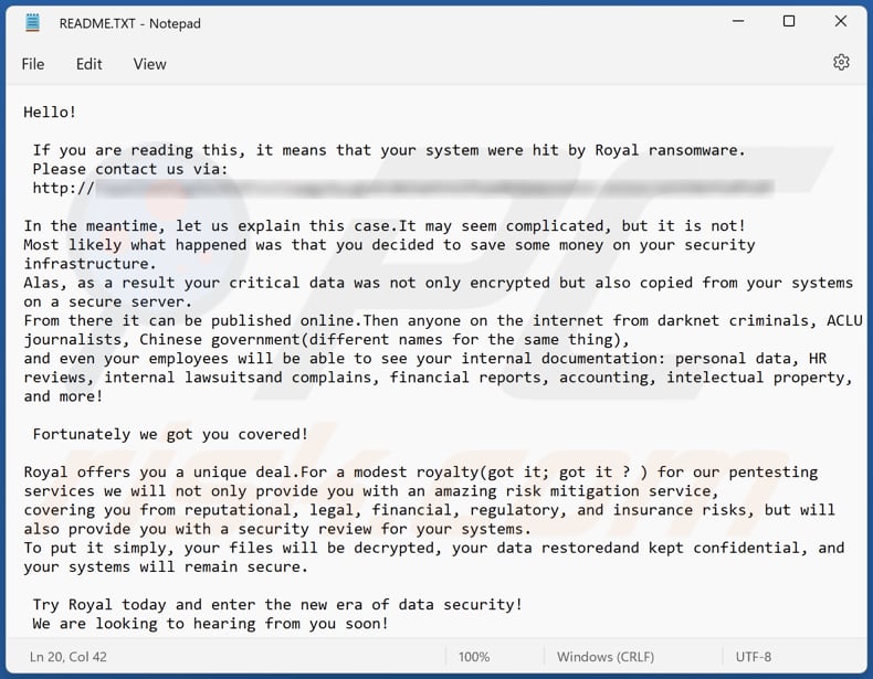 Archivo de texto del ransomware Royal (README.txt)