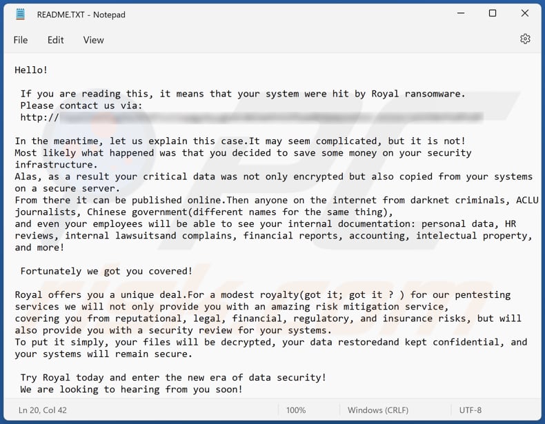 Archivo de texto del ransomware Royal (README.txt)