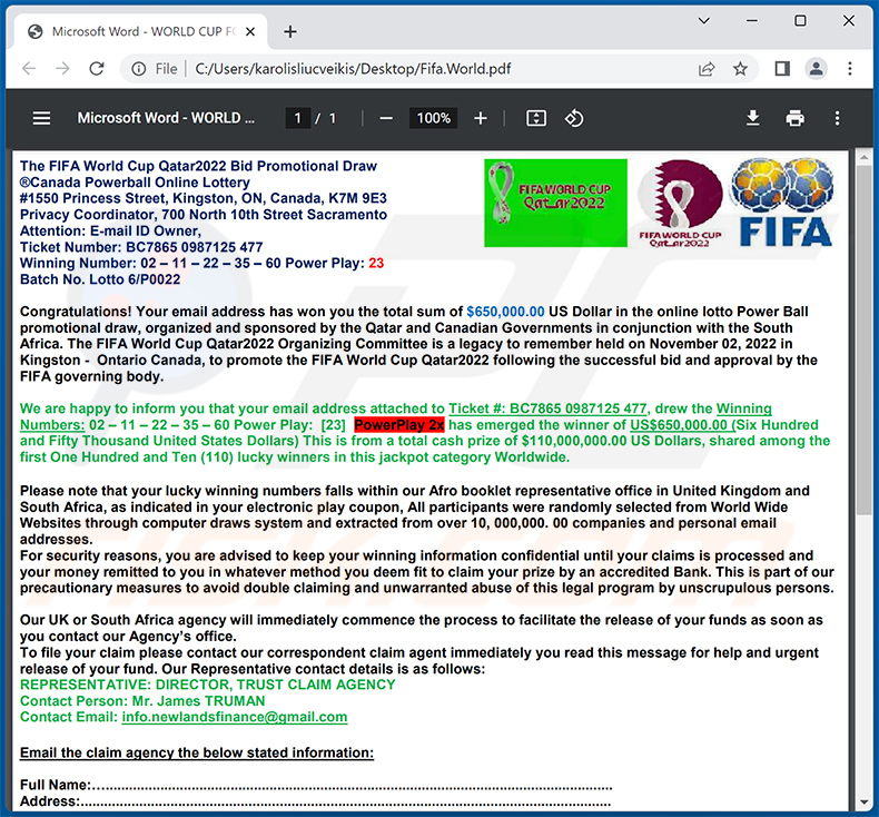 Estafa por correo electrónico del 2022 FIFA Lottery Award (2022-11-17)
