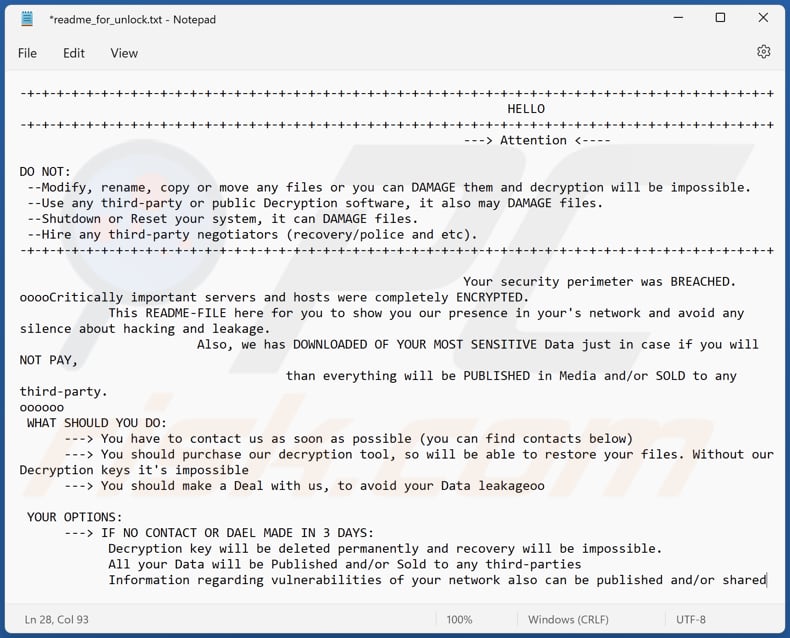 Archivo de texto del ransomware ARCrypter (*readme_for_unlock.txt)